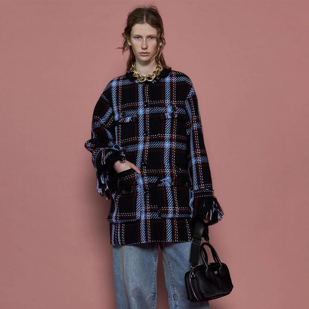 FRINGE TWEED JACKET COAT (NVY)