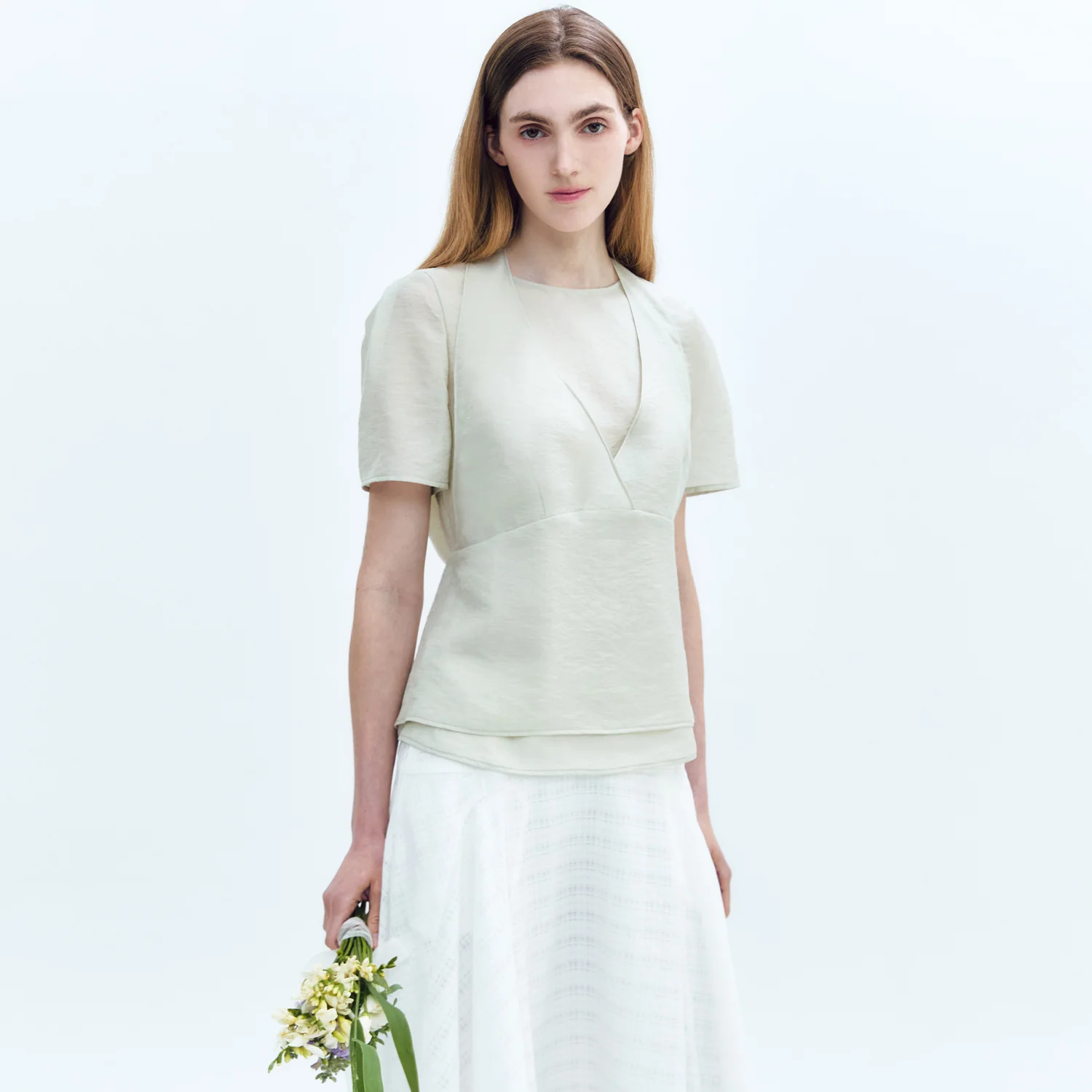 V-Halter-Neck Overlay with Short-SLV Blouse GREEN