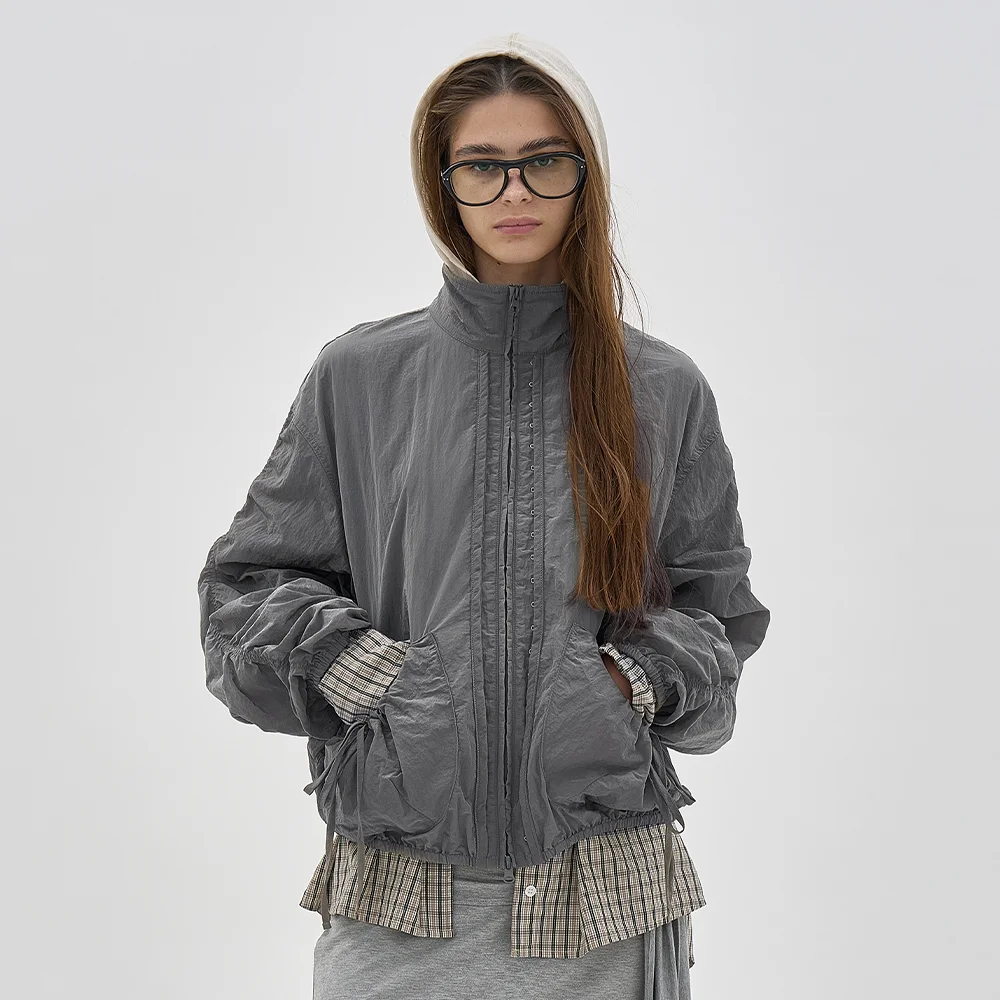 SHEER SHIRRING TRACK JACKET_CHARCOAL