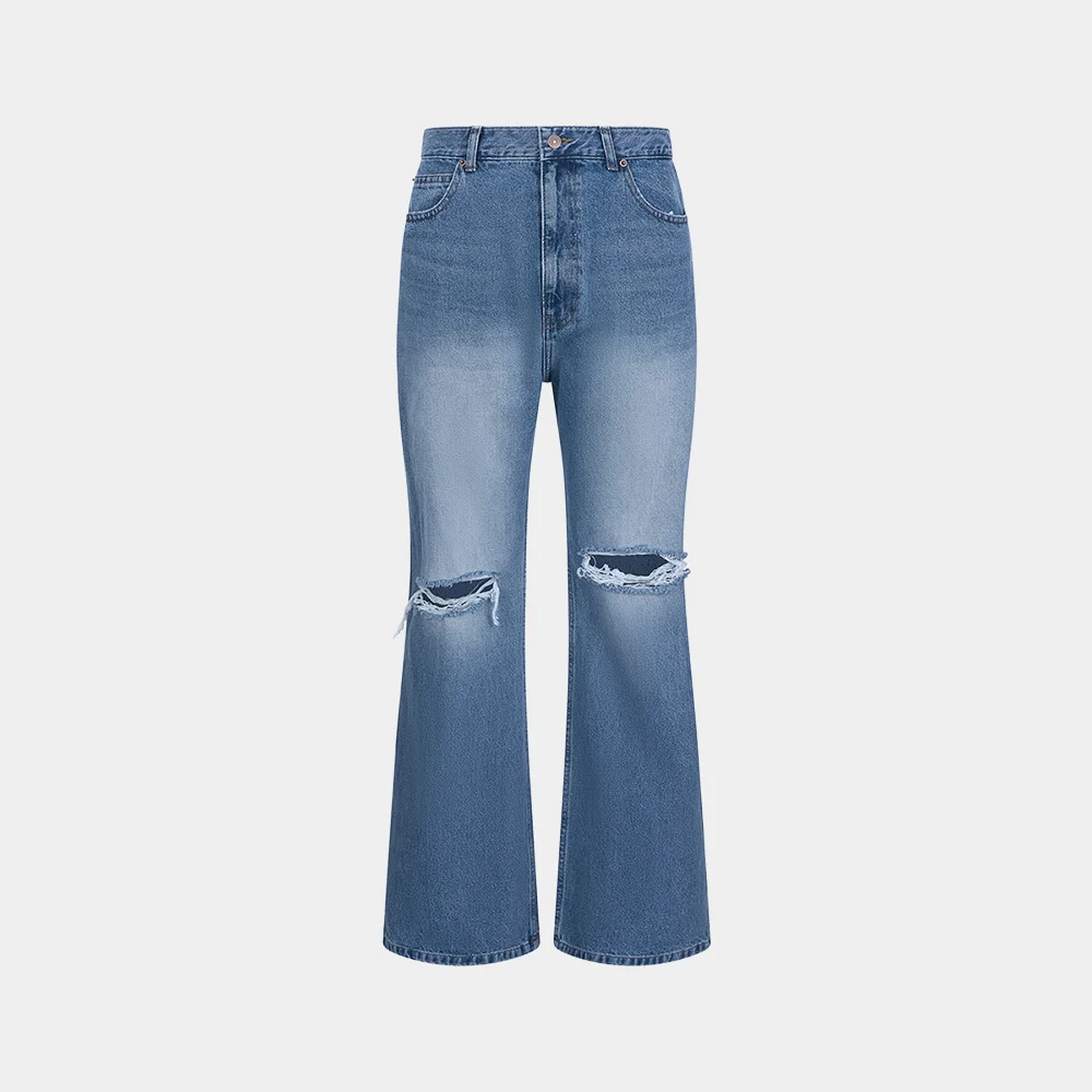 (W) DESTROYED FLARED JEANS - BLUE
