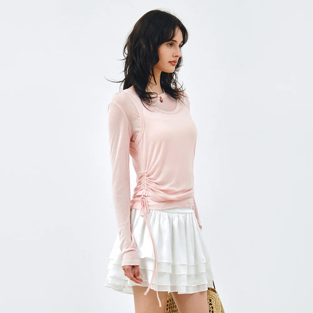 側邊 抽褶 層次 T恤 粉色 MDTS067PINK