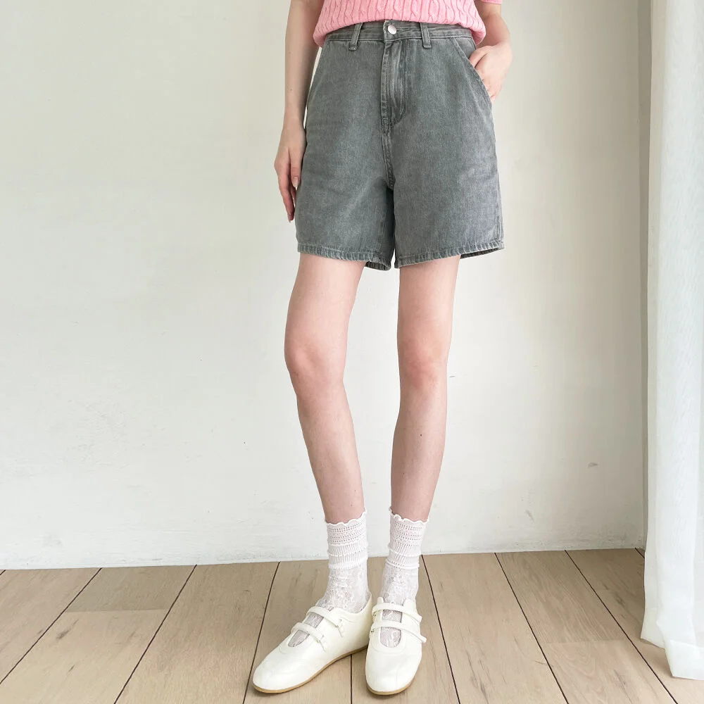 Side slit denim short pants - Gray