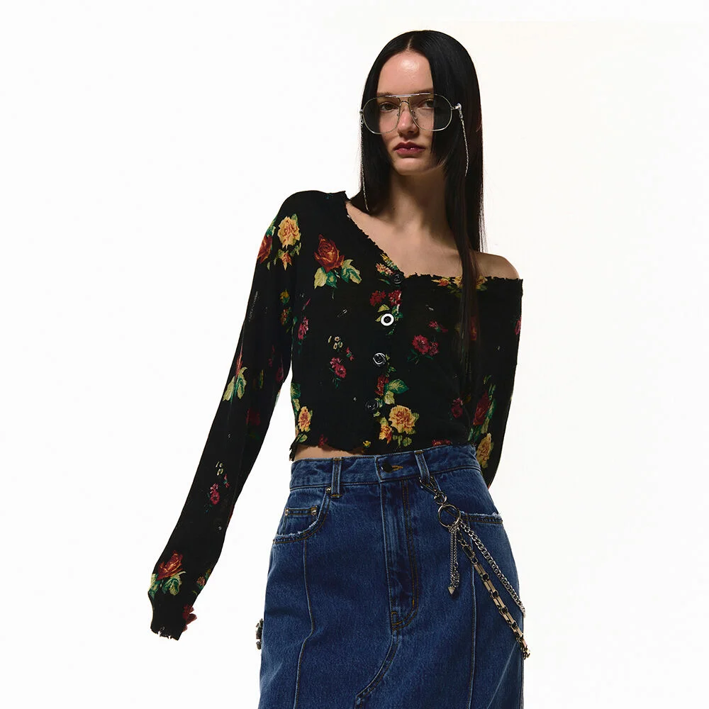 PRINTED CROP KNIT CARDIGAN
