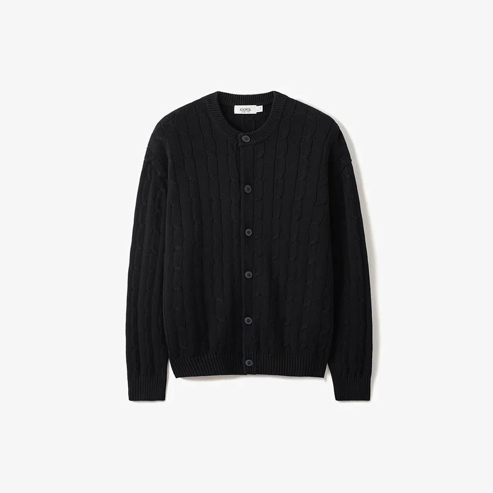 柔軟 絞花 圓領 開襟外套 黑色 COOSCD021BLACK