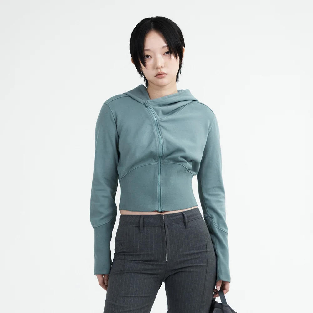 WOMENS GARMENT DYED CURVED HOODED ZIP JACKET GREYISH GREEN