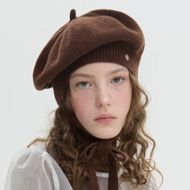 Tricot Ribbon Beret - Brown