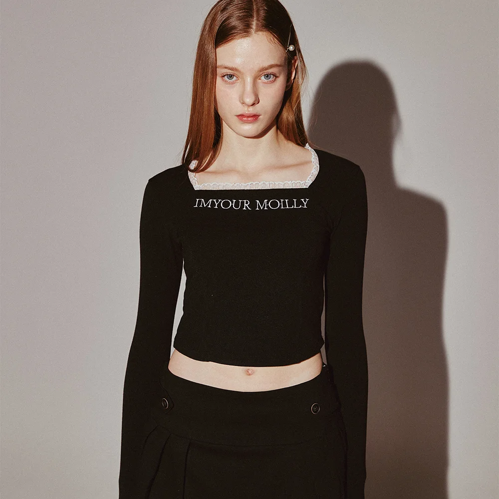 Square Neck Lace Long Sleeve Black