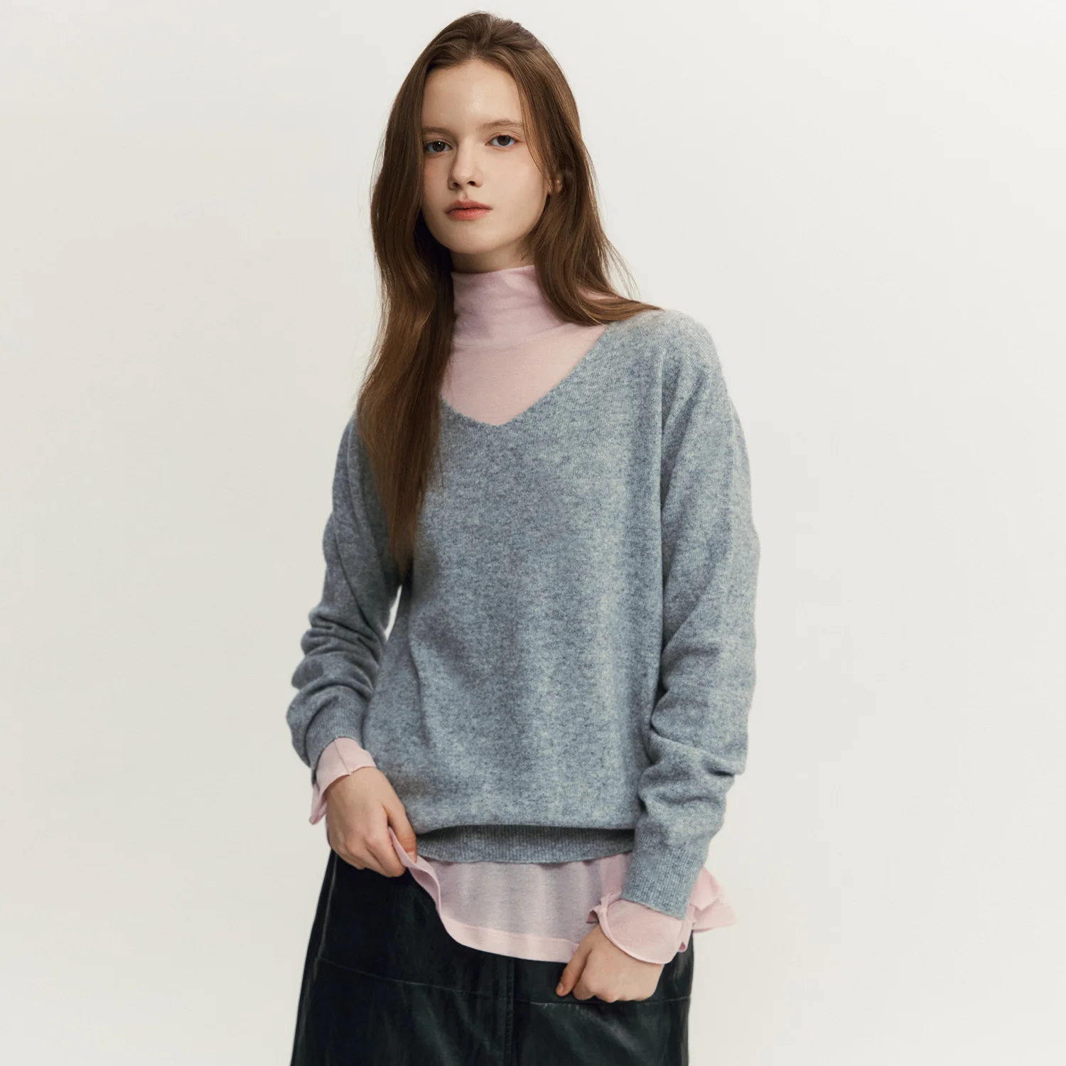 100% Wool Wholegarment V-neck Knit Pullover MELANGE GRAY