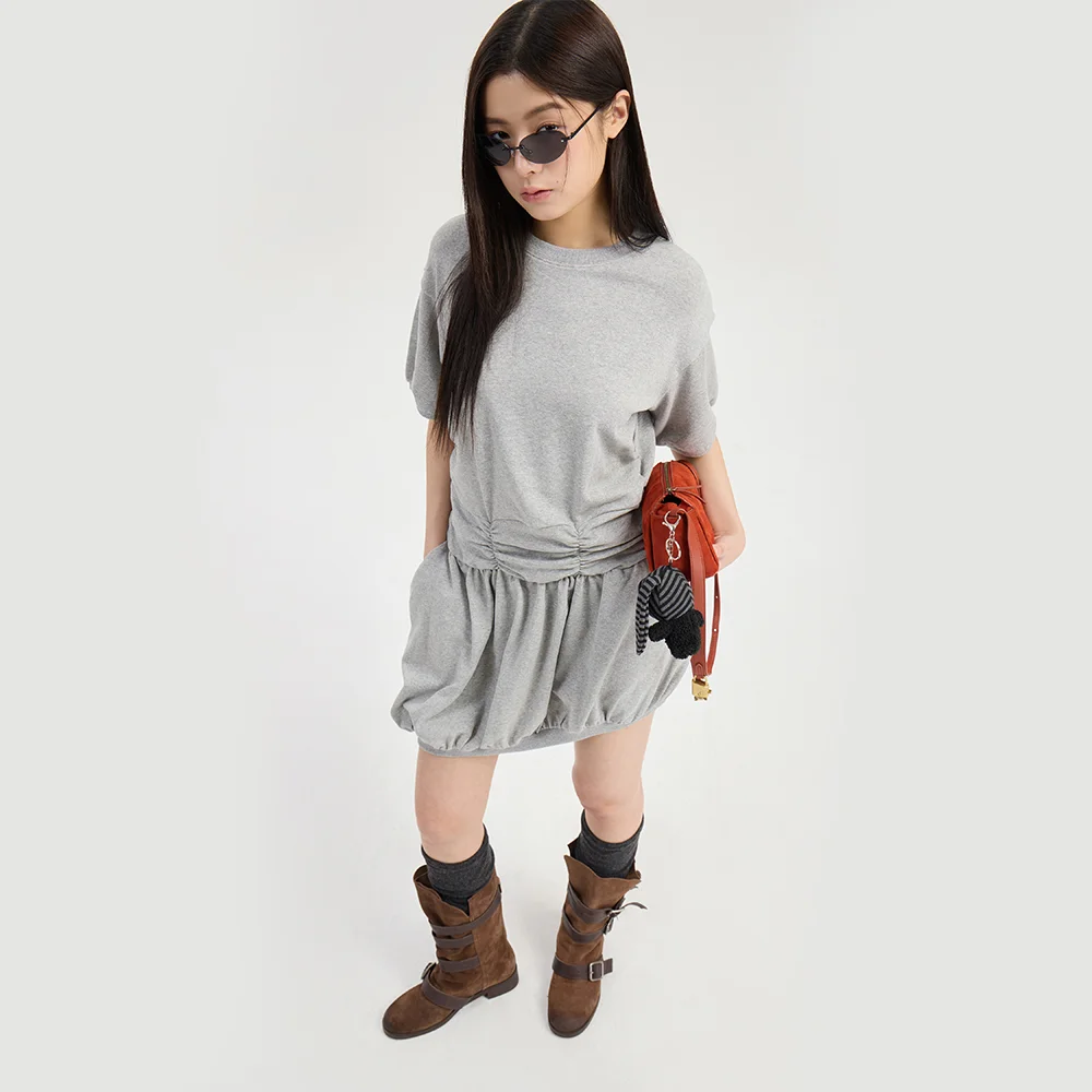 Chouetties by LUCKY CHOUETTE_Unbalance Shirring Short Sleeve Dress (melange grey) LADAX26300GYM