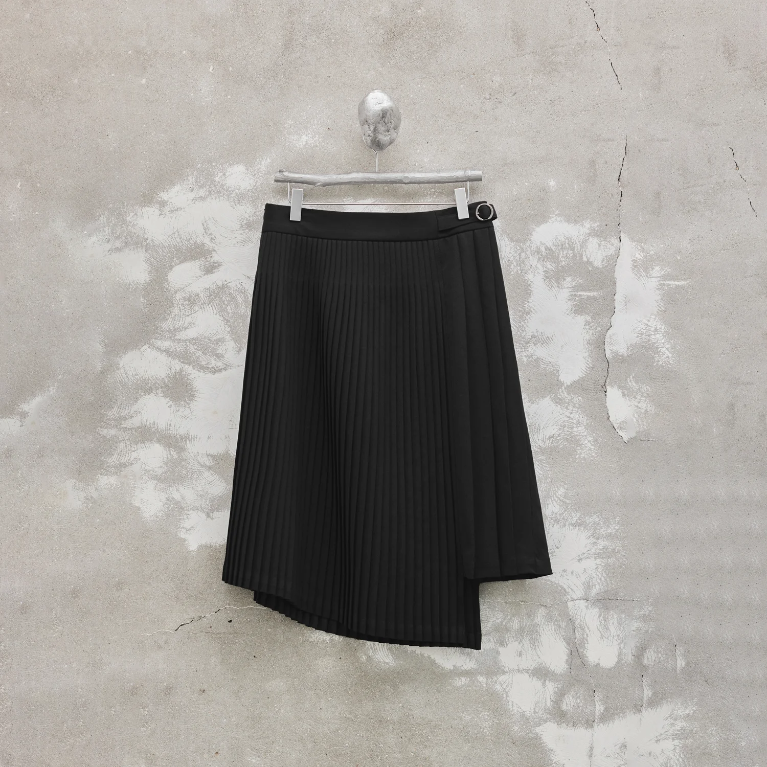 Asymmetric Pleated Midi Skirt - Black