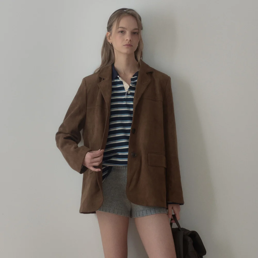 3- BUTTON BASIC FAKE SUEDE JACKET_BROWN