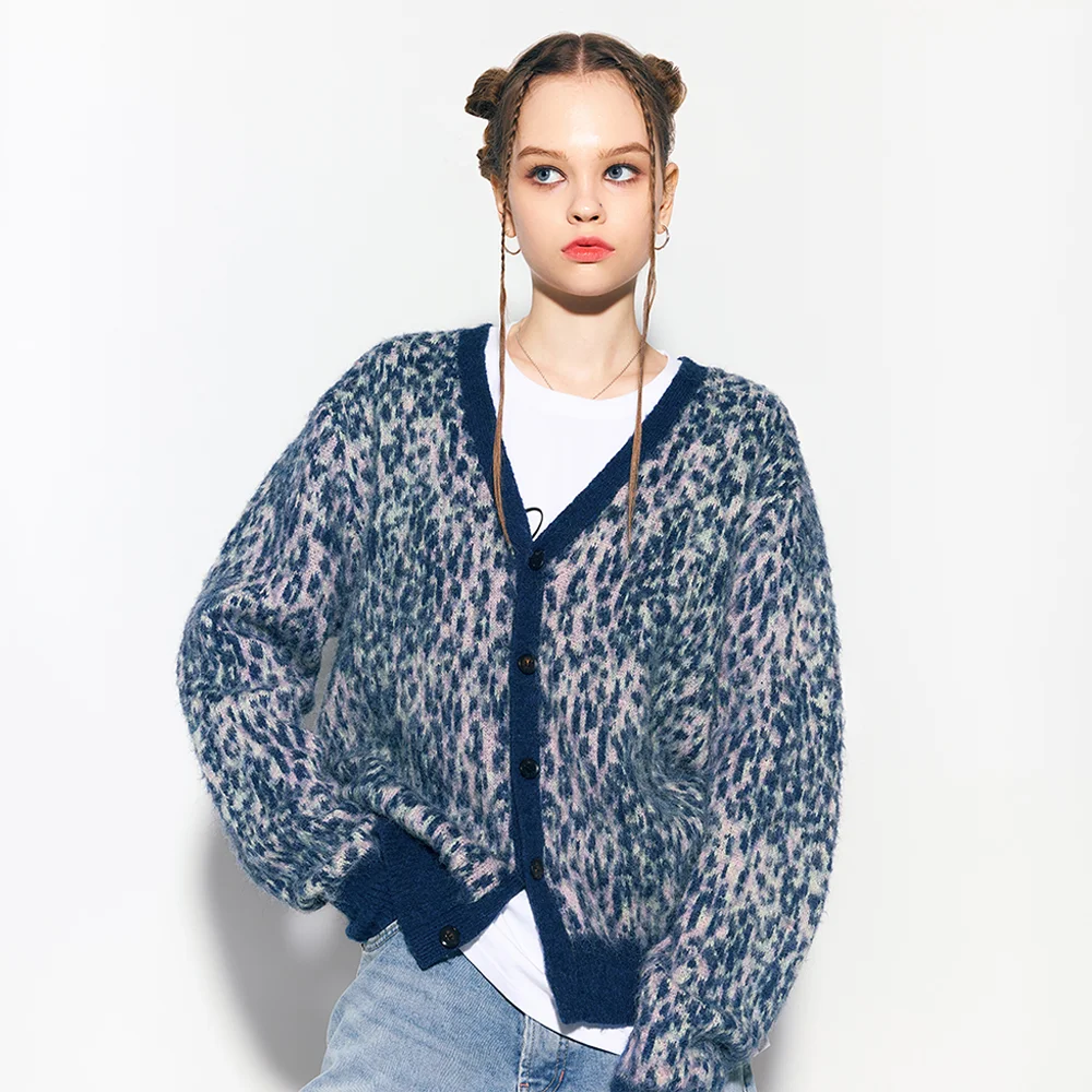 LEOPARD KNIT CARDIGAN NAVY