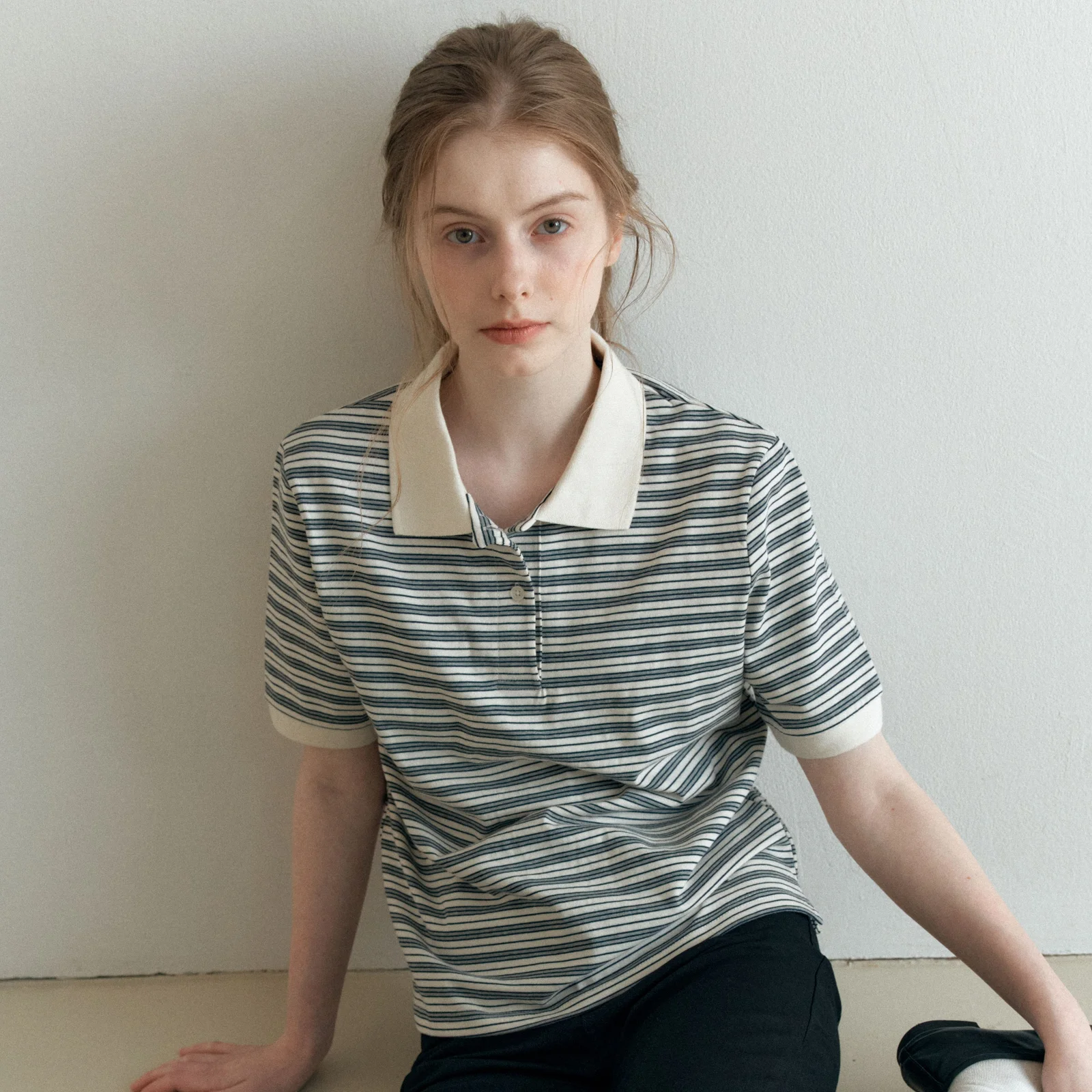 BUTTON STRIPE T-SHIRT_IVORY