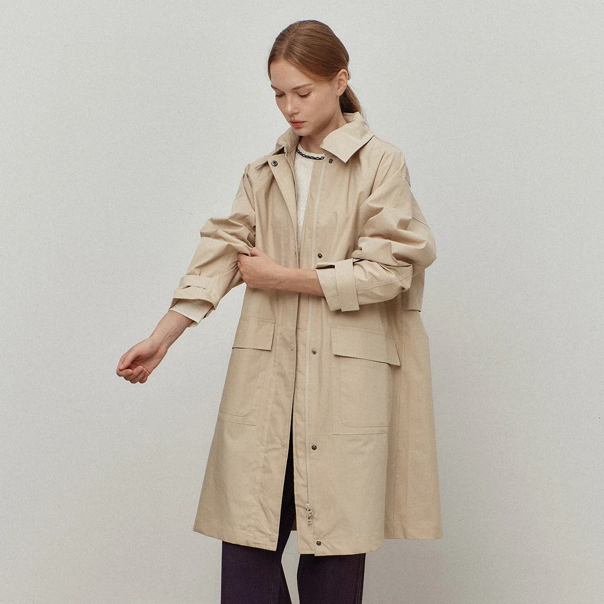 Hood nylon utility trench coat_beige