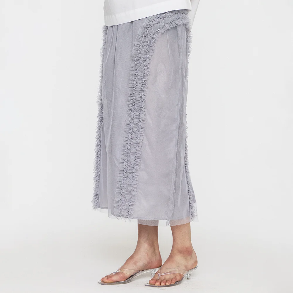 BANDING RUFFLE LONG SKIRT - GREY