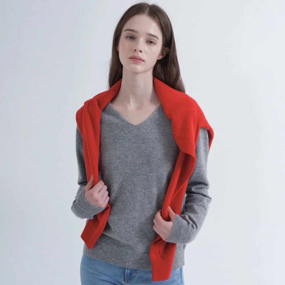 Merino Wool 100% V-Neck Basic Knit (gray)