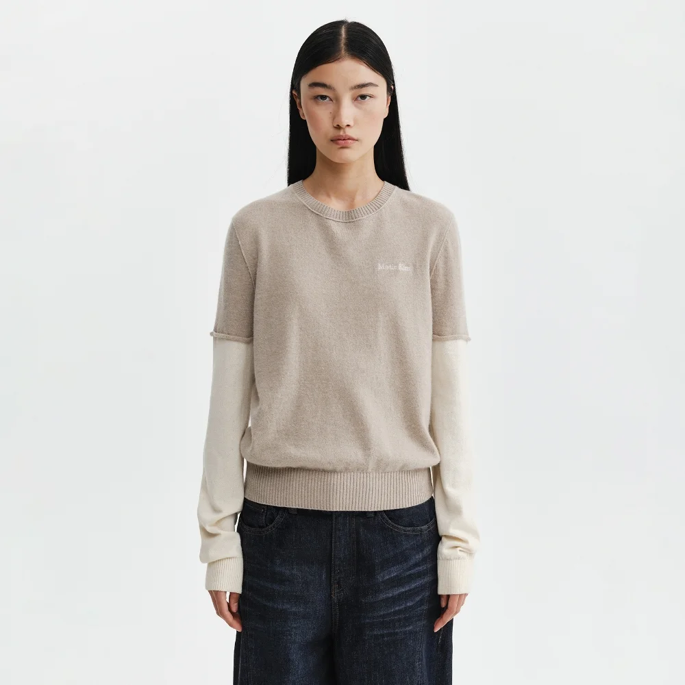 CASHMERE BLENDED TWO TONE KNIT PULLOVER IN BEIGE