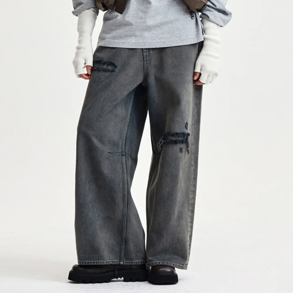 BACK LOGO WIDE DENIM PANTS IN SMOKE BLUE
