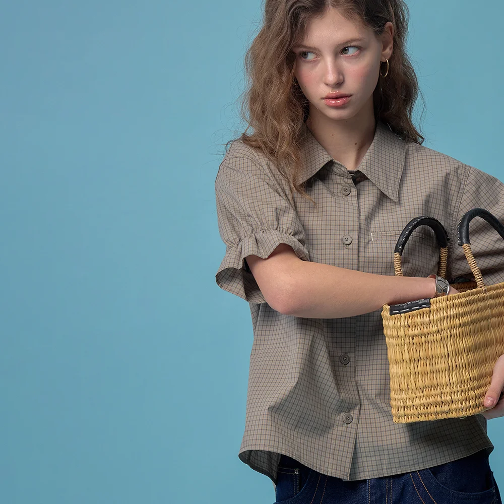 Baker Puff Half Shirt (Muted Check Beige)