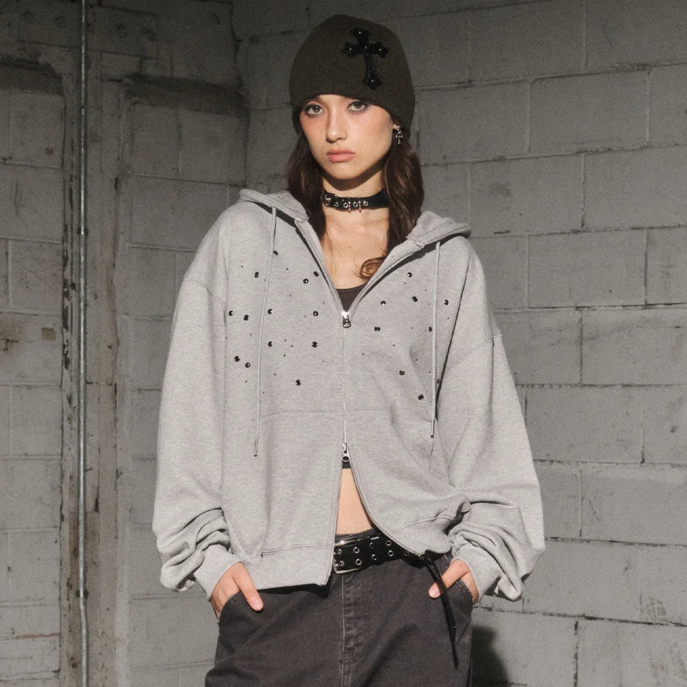 eyelet hood zip up (grey)