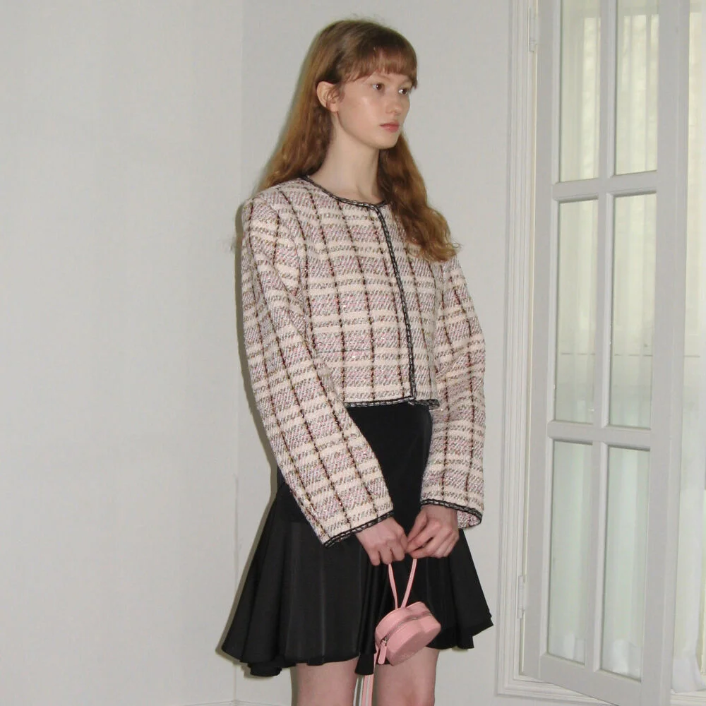 Collarless Shine Tweed Jacket (Pink)
