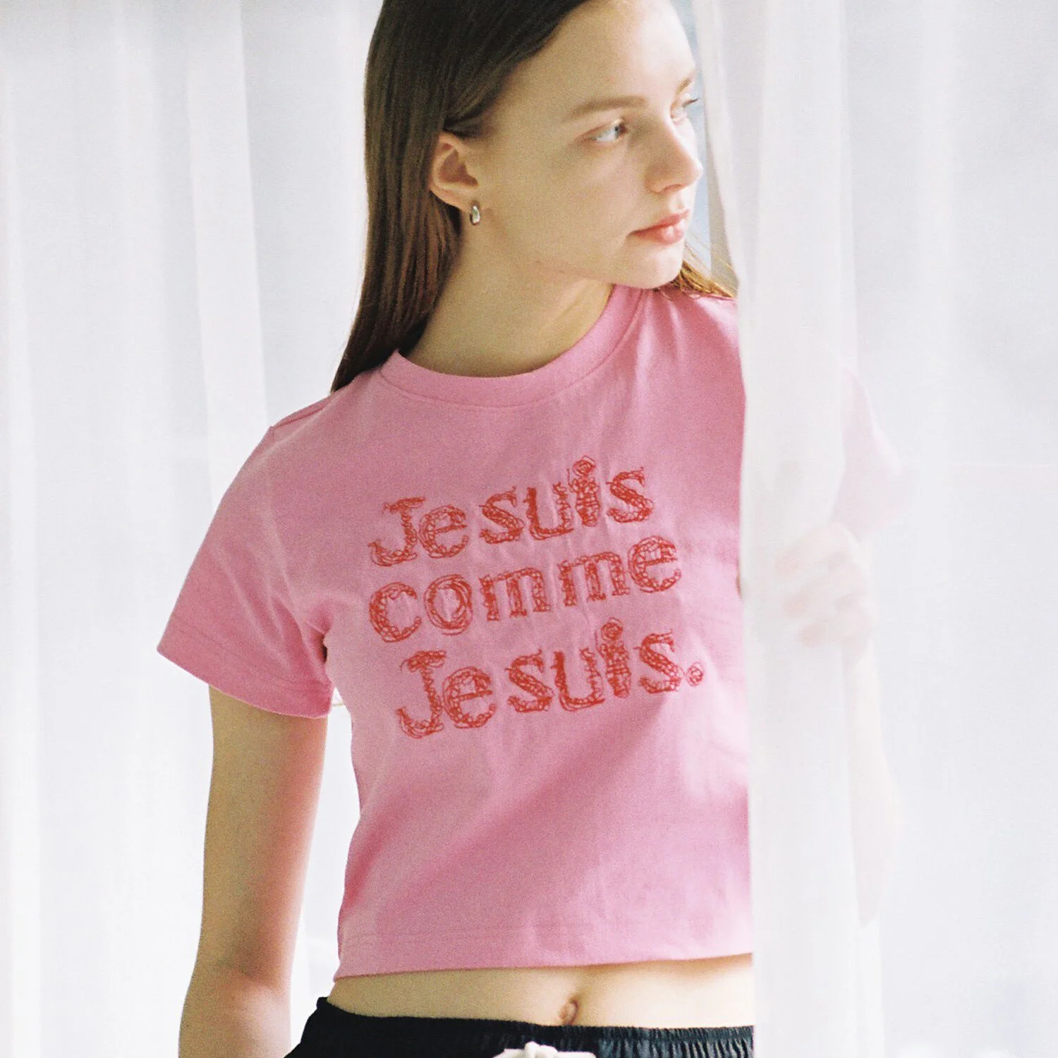 CROP FR embroidery T(PINK)
