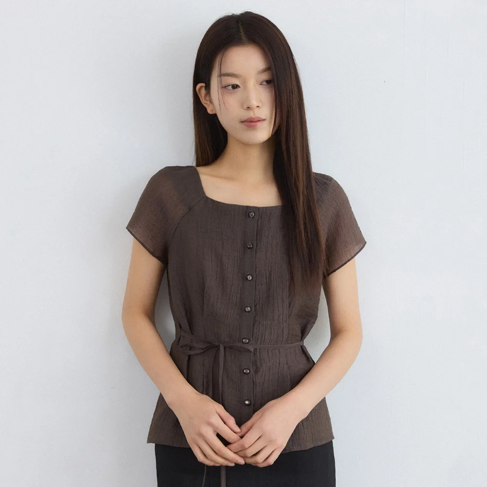 Square neck pintuck see through blouse - brown