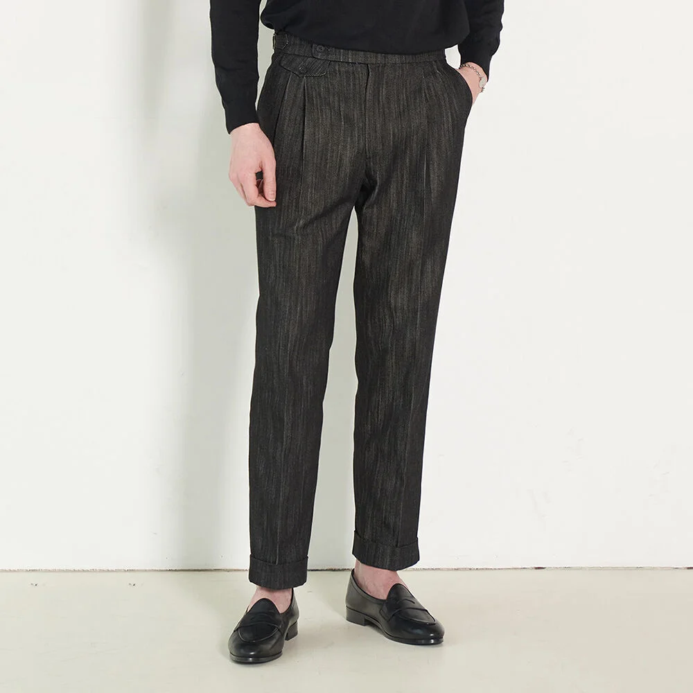 ALCPT011 修身剪裁 Two Pleats 牛仔 褲子_black