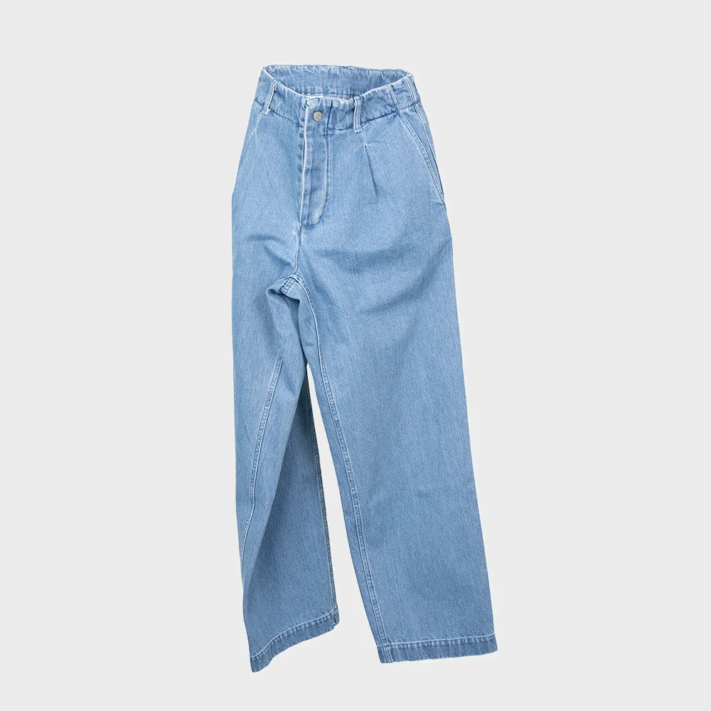 WASHED DENIM TUCKED TROUSERS