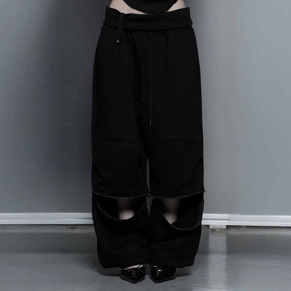 Zipper 2-Way Double Knee Bermuda Wide Pants (Black)