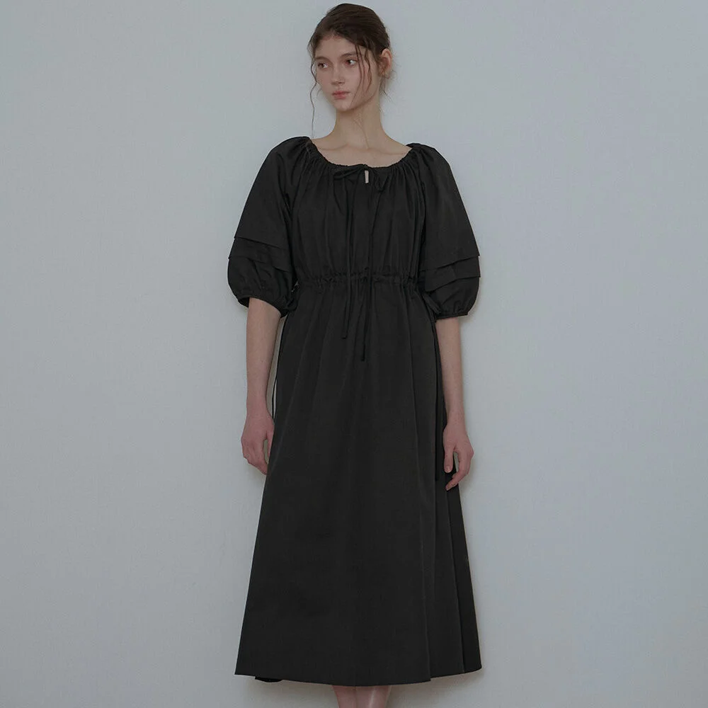 Ribbon Shirring Puff Long Dress