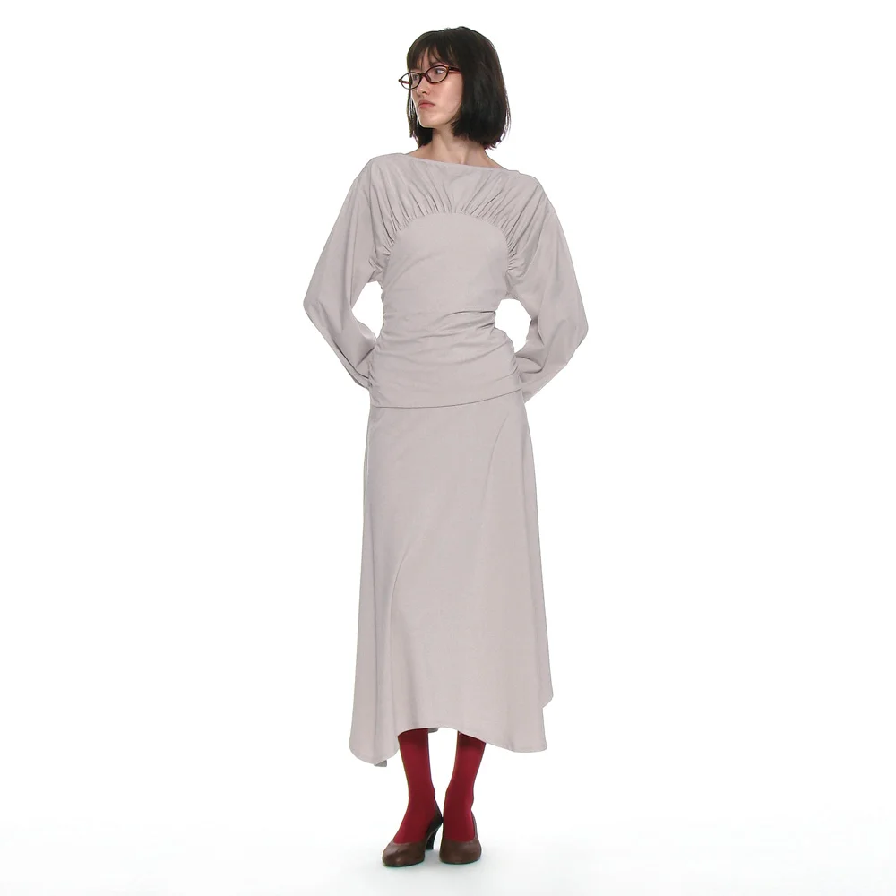 SHIRRING JERSEY UNBALANCED DRESS_STONE