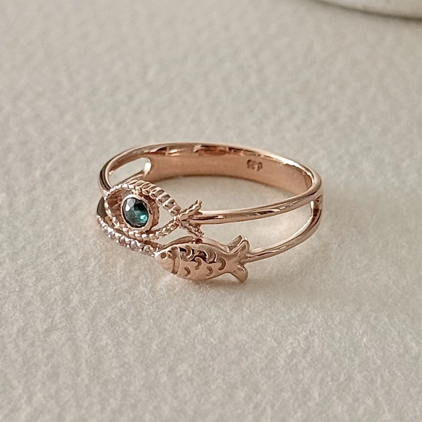 14k 18k 藍色 原礦鑽石 魚 戒指