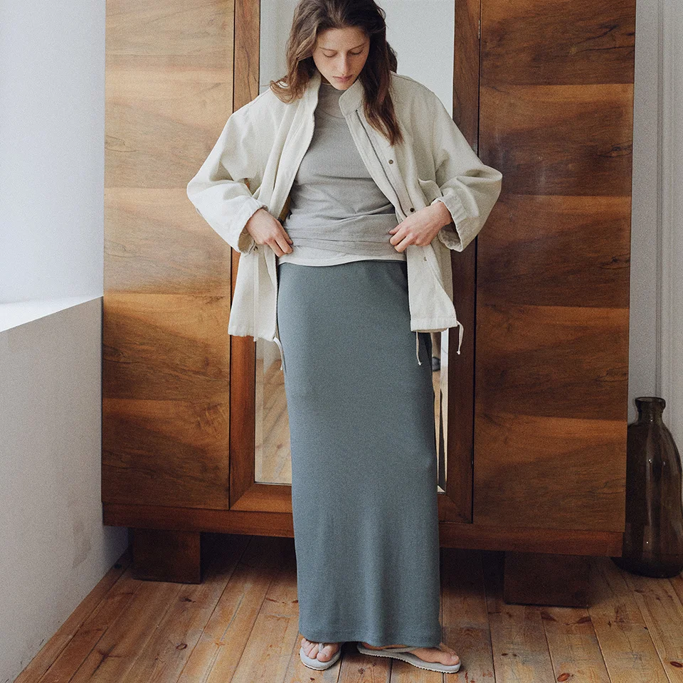 cotton ribbed banding long skirt (teal blue)