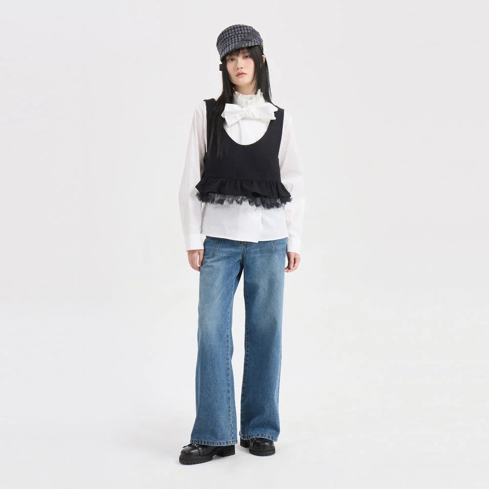Hem Mesh Blend Tweed Blouse (dark navy) LFSAS26150NYD
