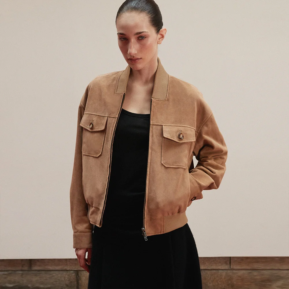Suede Square-Neck Bomber Jacket_Beige