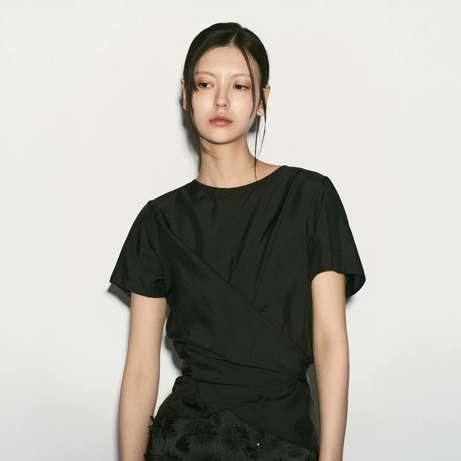 TIE BACK WRAP BLOUSE BLACK