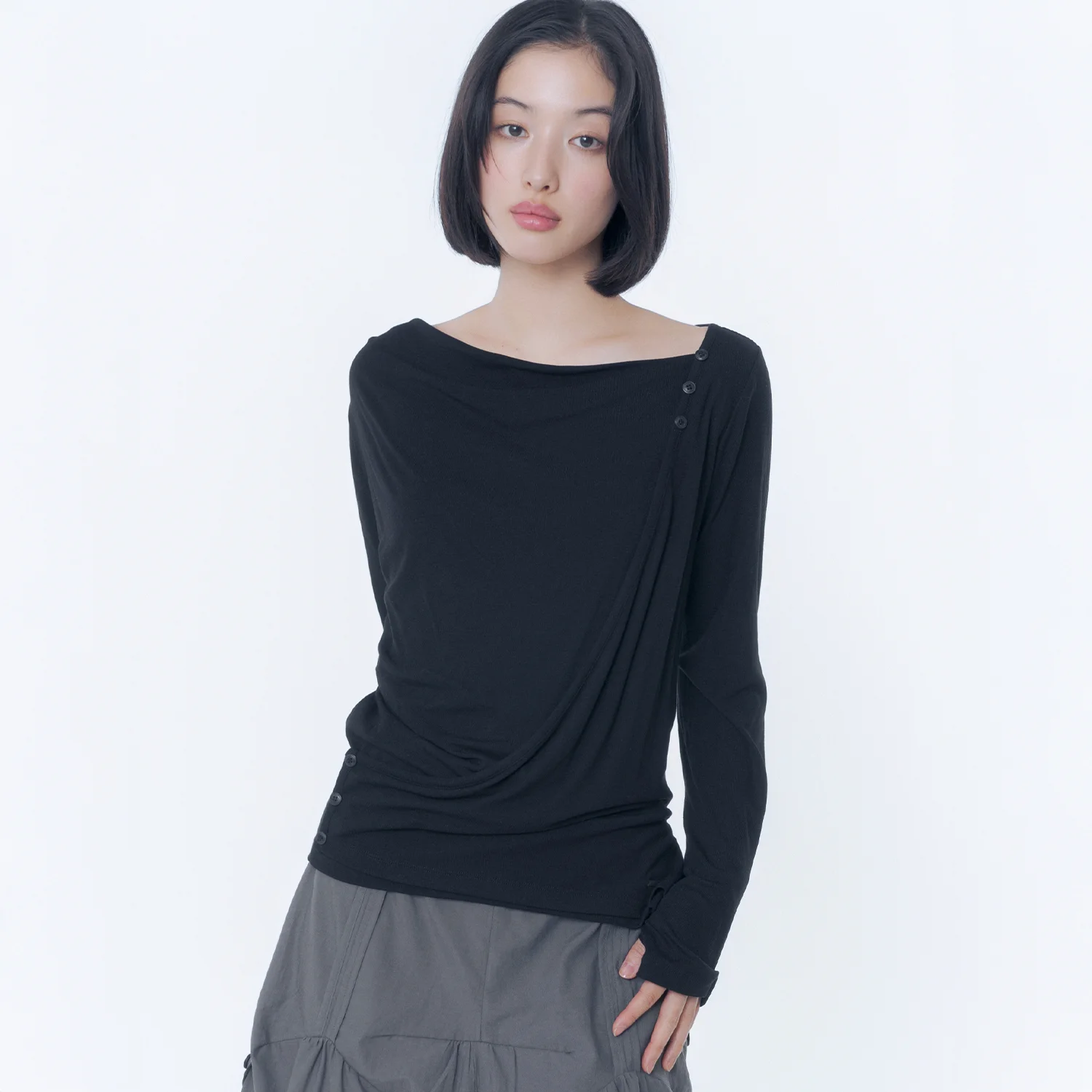 Draped button long sleeve BLACK