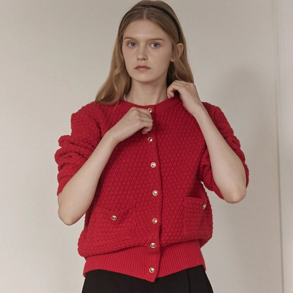 Tweed Goldish Knit Cardigan - Red