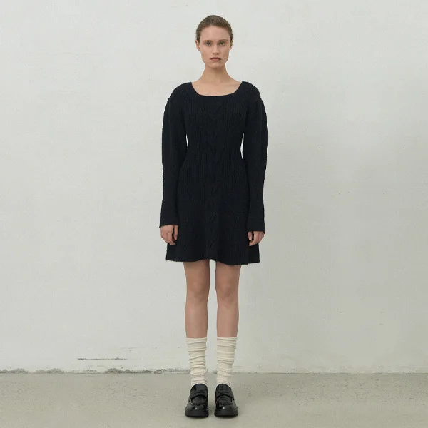 CABLE PUFF SLEEVE KINT DRESS(OP-6233)