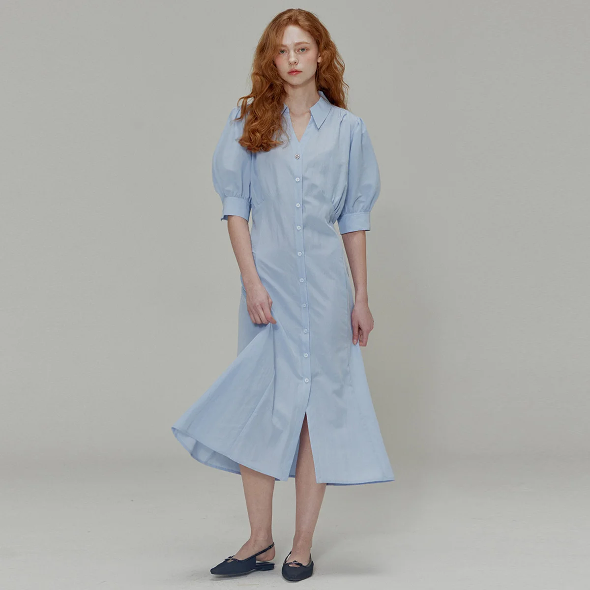 Open collar shirring detail shirt dress_Blue