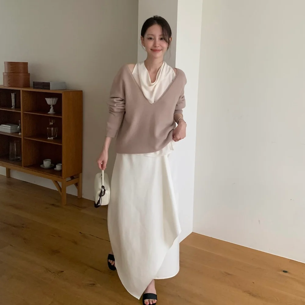 SATIN FRONT DRAPE LONG SKIRT-IVORY