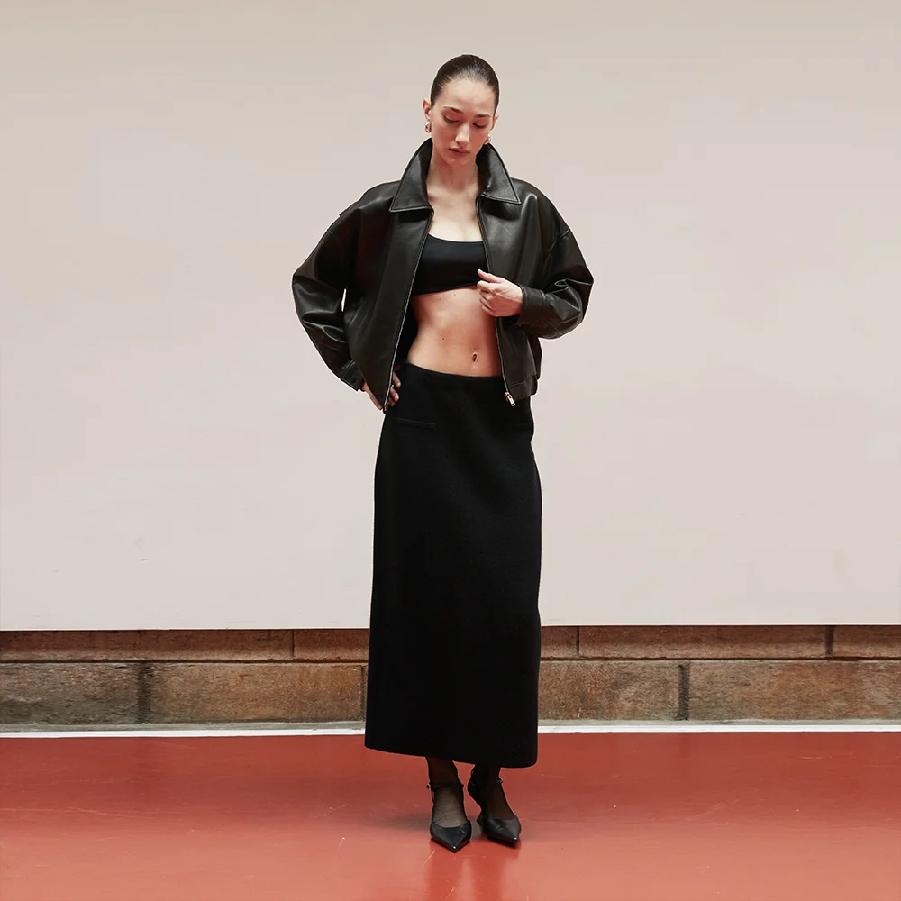 Lambskin Semi crop bomber JK_Black