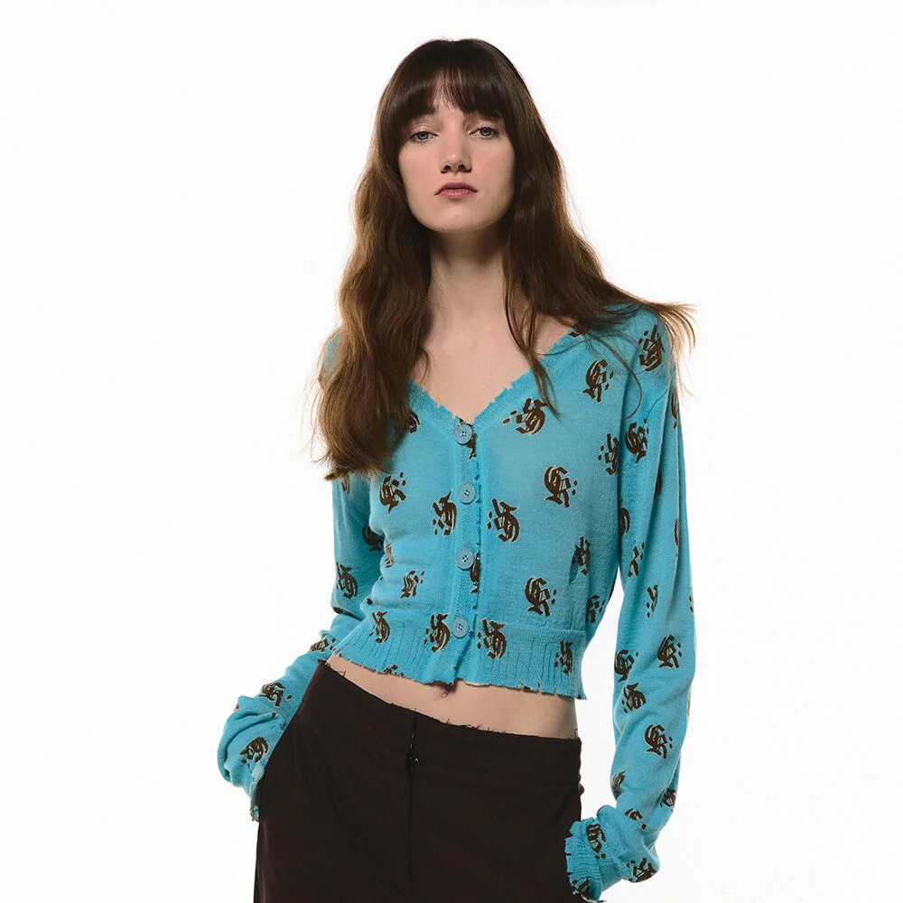 PRINTED CROP KNIT CARDIGAN