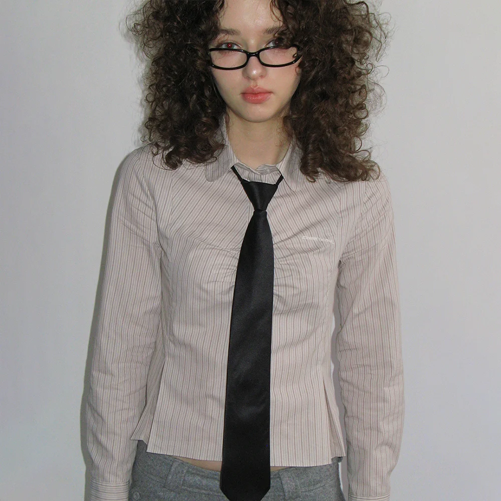 SHIRRING PLEATS STRIPED SHIRT_BEIGE