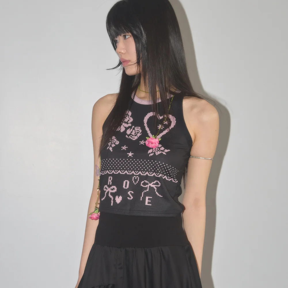 PIXEL ROSE REVERSIBL TOP BLACK