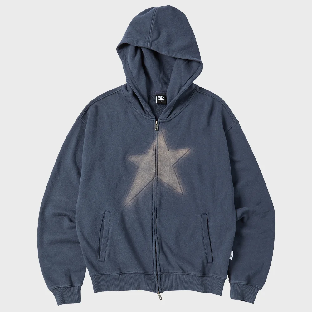 壓紋 星星 連帽衫 拉鏈 深 藍色