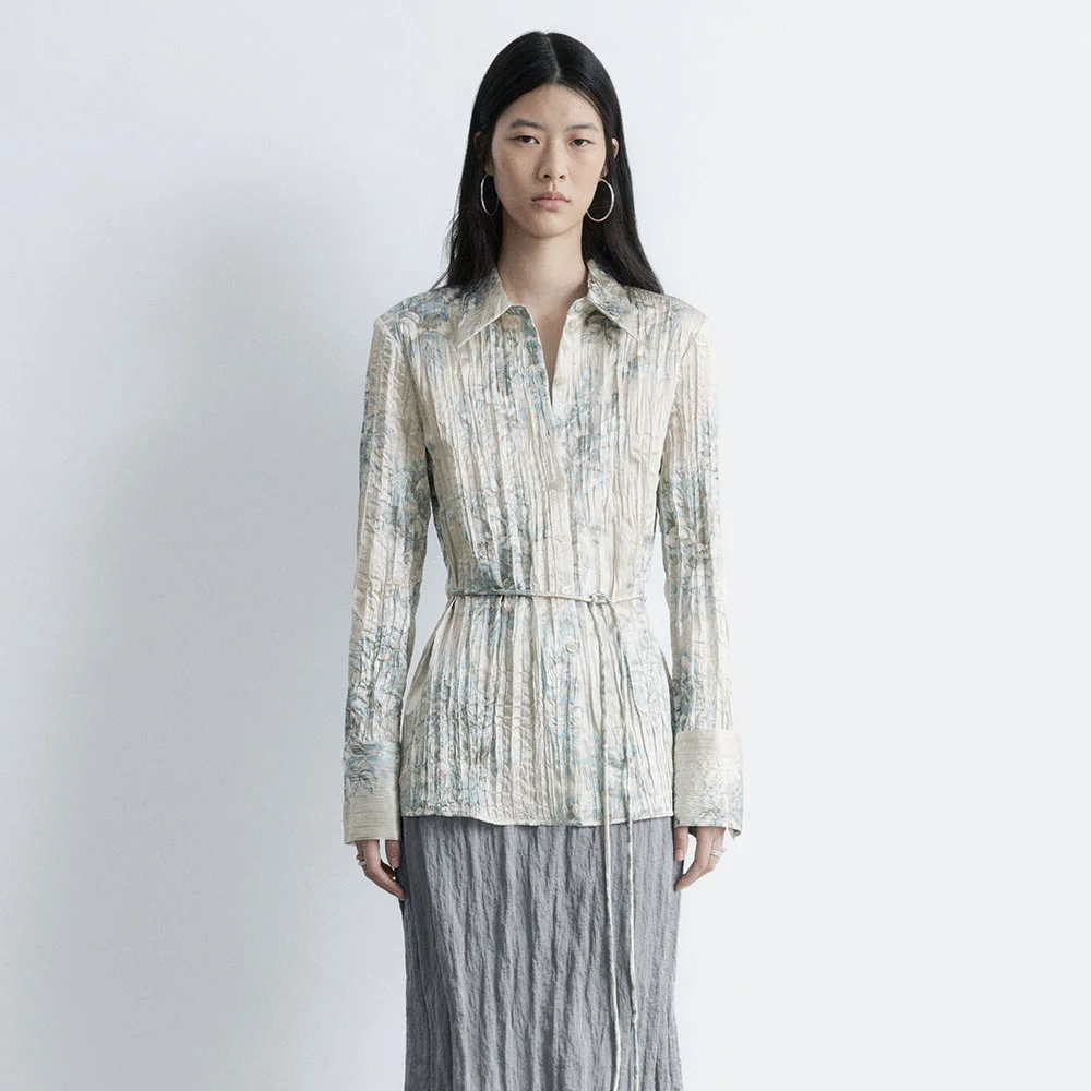 綁帶 腰帶 縐紗 襯衫 (Light Grey Floral)