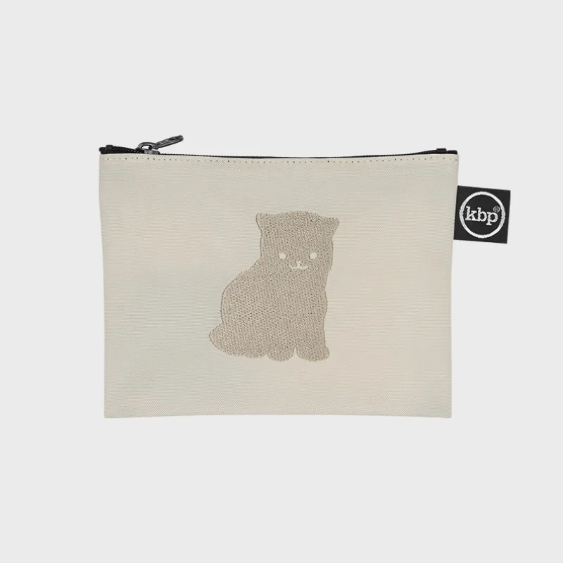 Little 貓跟 本白色 刺繡 化妝袋