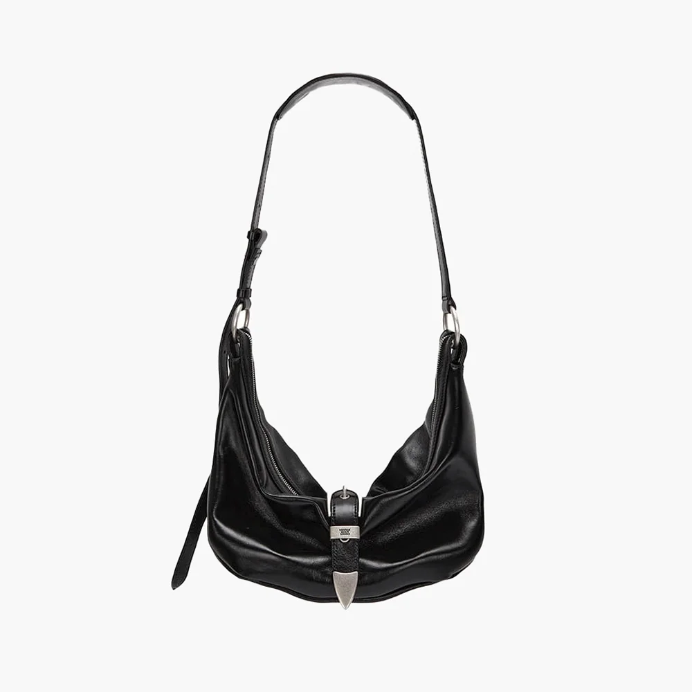 BELTED HOBO MEDIUM_black glossy plain